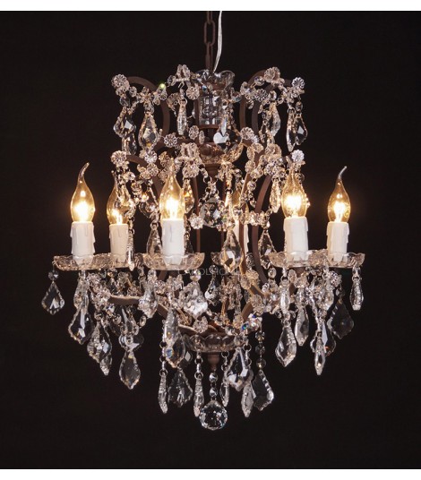 19Th C.  6 Lights Rococo Iron & Crystal Round Chandelier 18"