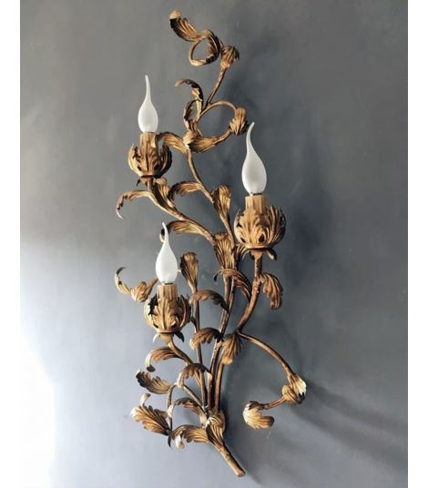 French Tole Three-Light Gilded Metal Leaf Wall Sconce