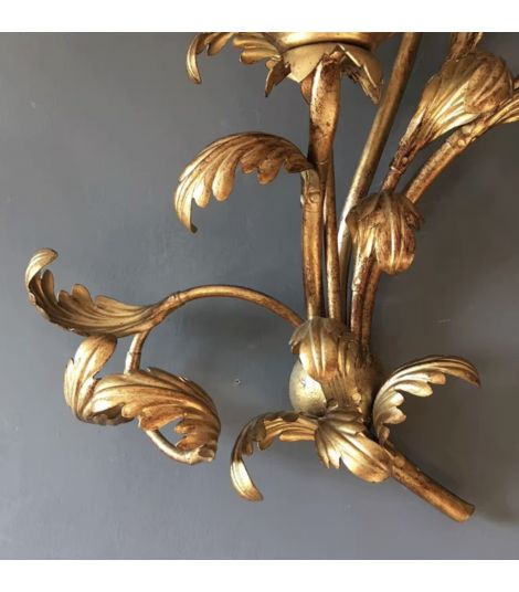 French Tole Three-Light Gilded Metal Leaf Wall Sconce