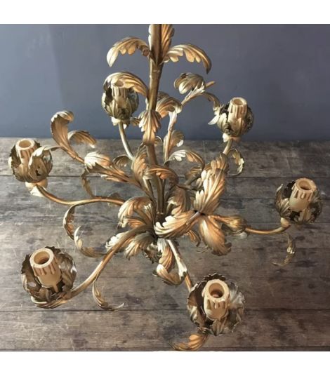 Mid Century French Tole Gilded Metal Leaf Chandelier