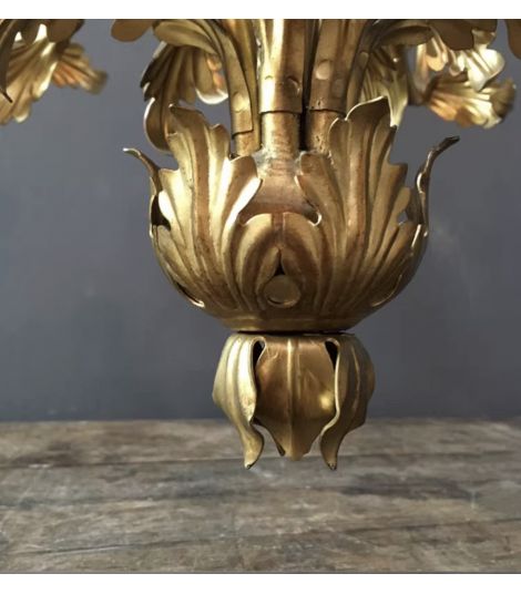 Mid Century French Tole Gilded Metal Leaf Chandelier